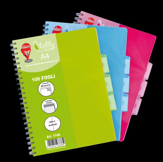 Quaderno spirale "Tabby book" formato A4, con 3 tabs divisorie, contiene 100 fogli con perforazione