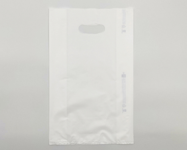 Shopper in plastica HDPE bianco, con maniglia fustellata a fagiolo, confezione da 5 kg.