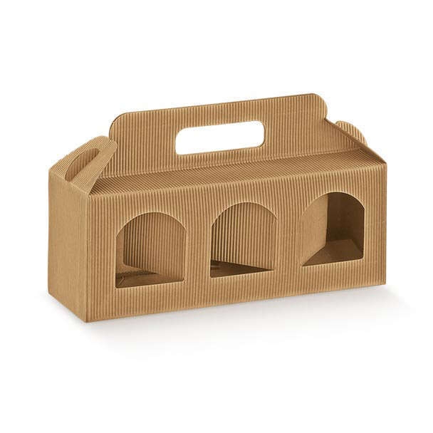 Scatola porta 3 vasetti con finestra in cartone onda avana, confezione da 10 pezzi, vari formati
