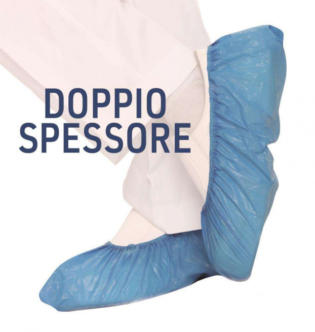 Copriscarpe in plastica cpe blu a doppio spessore confezione da 100 pezzi