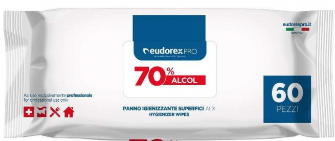 Panno igienizzante per superfici con 70% alcol, formato 19x22 cm, confezione dispenser da 60 pezzi