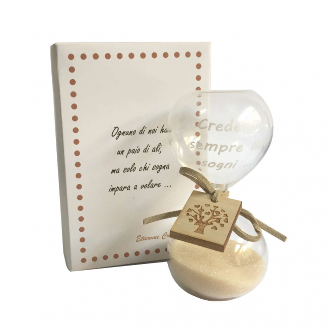 Clessidra in vetro con scritta e pick, altezza 10 cm, in scatola regalo
