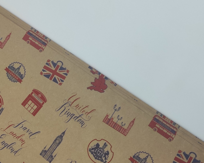 Carta regalo kraft avana liscia in fogli, fantasia tema londra/inghilterra, cm 70x100, confezione da 25 fogli