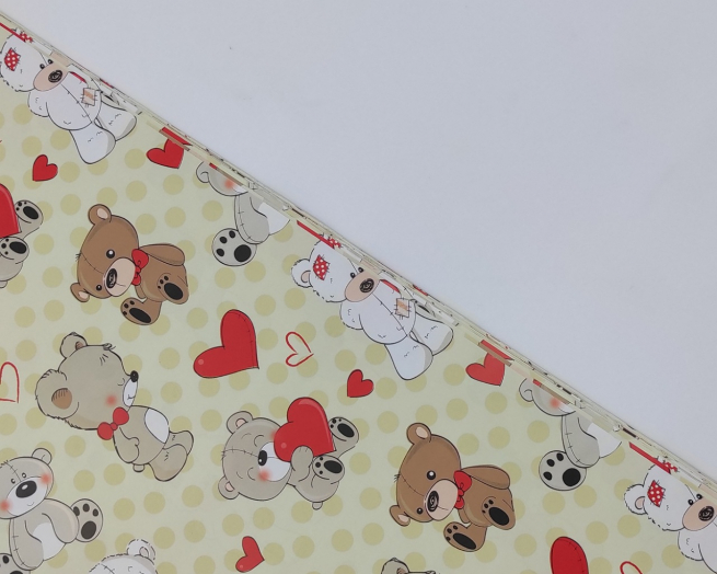 Carta da regalo crema, fantasia orsetti e cuori, fogli da 70x100 cm, confezioni da 25 fogli