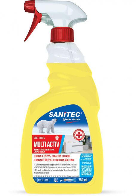Disinfettante alcoolico multisuperficie "Multi activ" sgrassante con antibatterico profumazione limone, flacone trigger 750ml