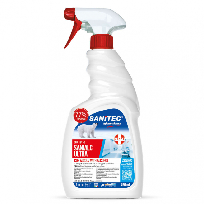 Detergente disinfettante multisuperficie "Sanialc Ultra" base alcolica al 77%, flacone trigger 750 ml