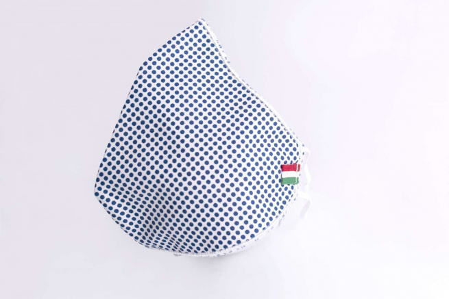 Mascherina junior in fantasia bianca con pois blu, filtrante e lavabile, in confezione da 1 pezzo