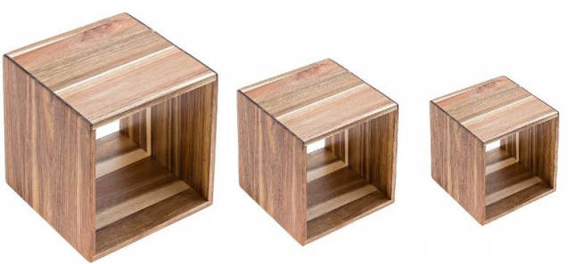 Set alzate-espositori cubiche in legno di acacia confezione da 3 pezzi
