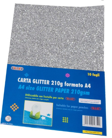 Fogli carta glitterata, formato A4, 210gr/mq, tinta unita in confezione da 10 pezzi