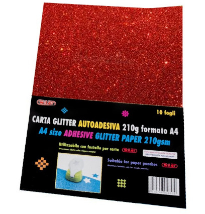 Fogli carta glitterata adesiva, formato A4, 210gr/mq, tinta unita in confezione da 10 pezzi