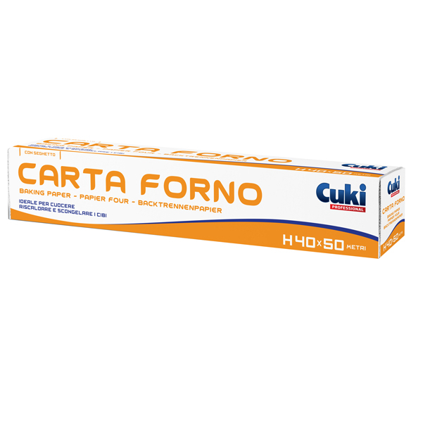 Carta forno Cuki con astuccio e seghetto, h.400 mm, rotolo da 50 metri