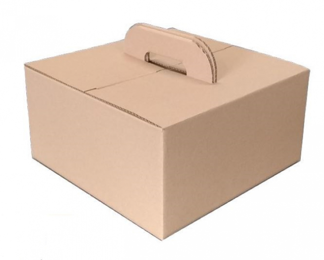 Scatola bauletto take-away in cartoncino avana con maniglia, base 33x33 cm, altezza 17 cm, cartone da 20 pezzi