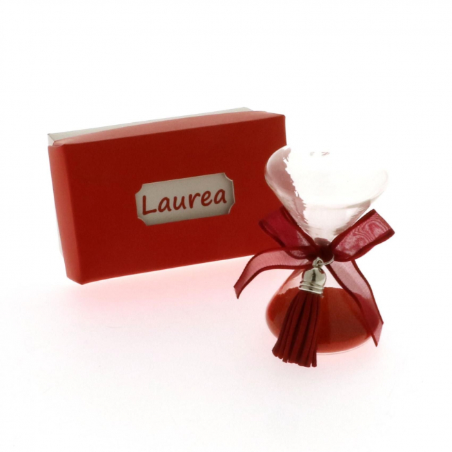 Clessidra in vetro con sabbia rossa, altezza 8 cm, con scatola regalo