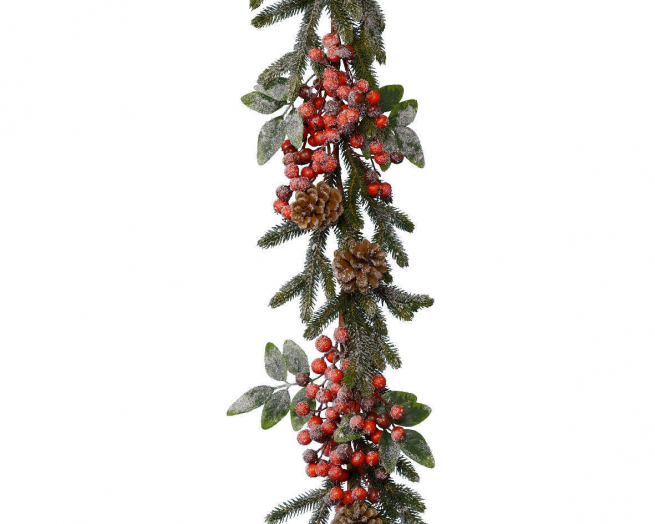 Festone di pino con bacche rosse e pigne brinato, lunghezza 176 cm