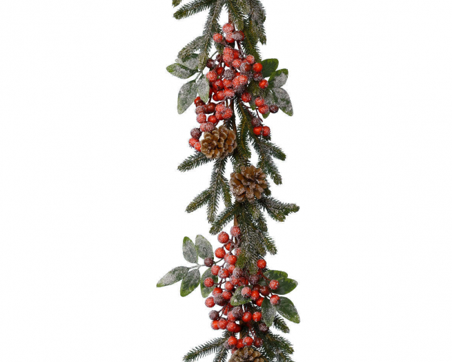 Festone di pino brinato con bacche e pigne, lunghezza 176 cm