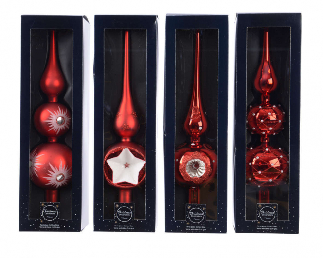 Puntale in vetro decorato rosso, altezza 31 cm, modelli assortiti