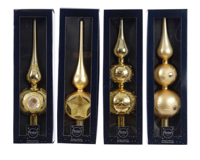 Puntale in vetro decorato oro, altezza 31 cm, modelli assortiti
