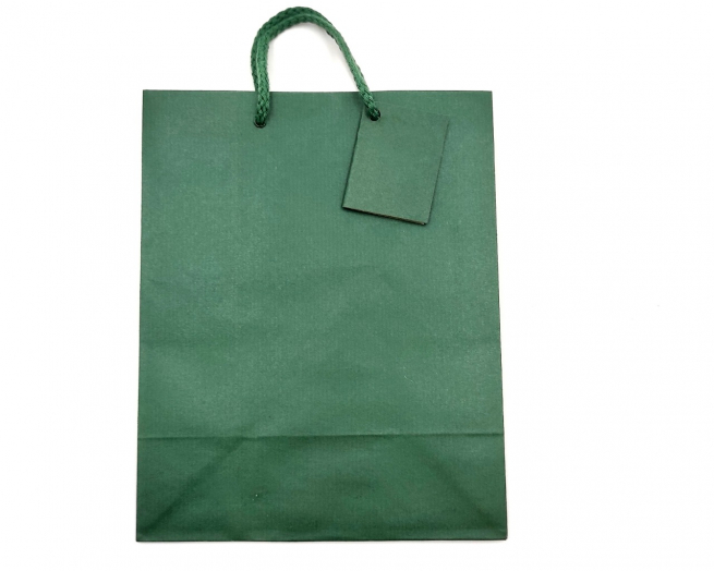 Shopper in carta sealing verde, formato 18x22.7 cm, maniglia in cotone, confezione da 12 pezzi