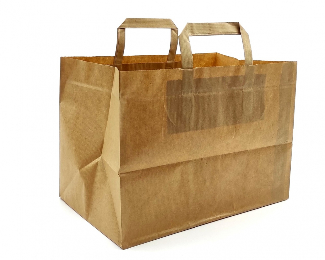 Shopper avana in carta sealing millerighe, fondo largo con maniglia piatta, 32+20x23 cm, confezione da 50 pezzi