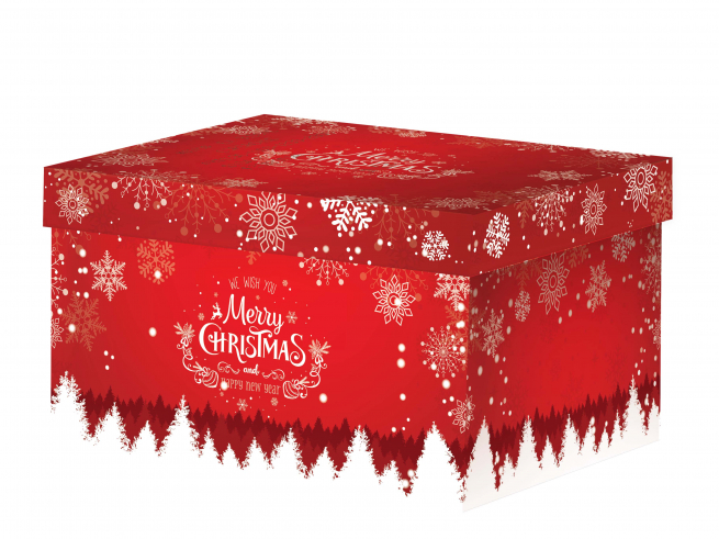 Scatola base rettangolare con coperchio, fantasia rossa "Merry Christmas", cartone da 10 pezzi, vari formati