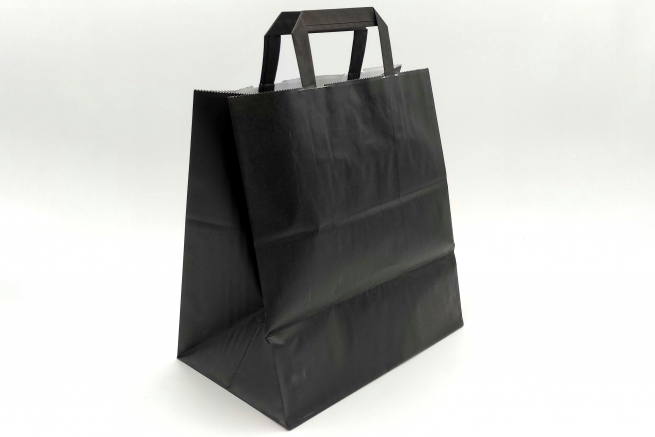 Shopper nero in carta kraft fondo largo con maniglia piatta
