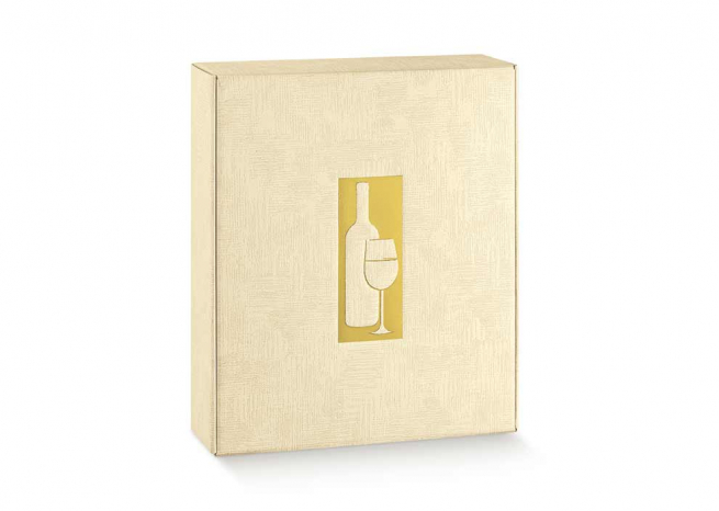 Scatola cantinetta 3 bottiglie con stampa a caldo su fondo panna, 28x34x9 cm, cartone da 30 pezzi