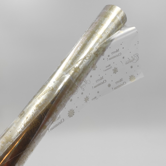 Bobina in PPL trasparente con scritte e immagini oro e bianco, h 1 x 50 mt
