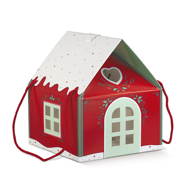 Scatola sagomata "Casetta" in cartoncino rosso con maniglia cordoncino cotone, 24.5x24.5x15 cm, confezione da 2 pezzi