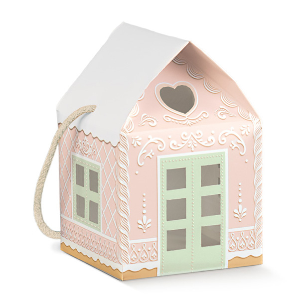 Scatola sagomata "Casetta" in cartoncino linea rosa con maniglia cordoncino cotone, 12x12x11 cm, confezione da 10 pezzi
