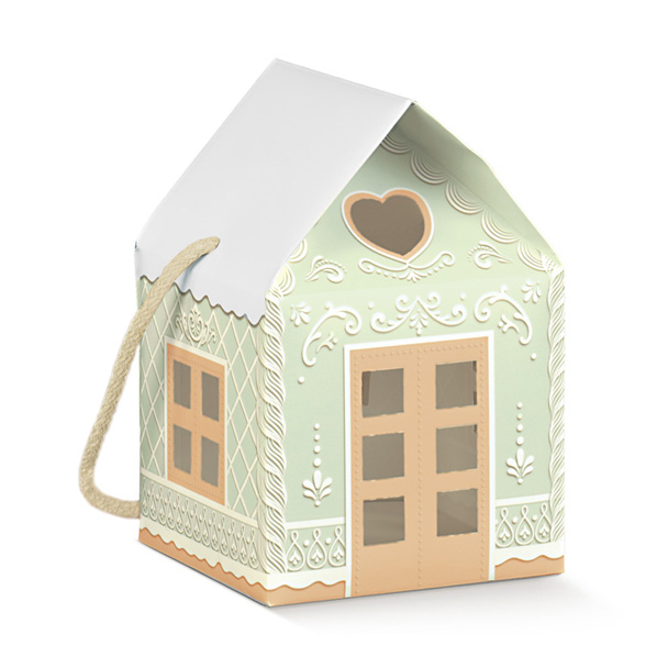 Scatola sagomata "Casetta" in cartoncino fantasia verde acqua con maniglia cordoncino cotone, 12x12x11 cm, confezione da 10 pezzi