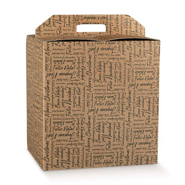 Scatola per confezioni regalo in cartone avana con scritte nere e maniglia superiore esterna, vari formati