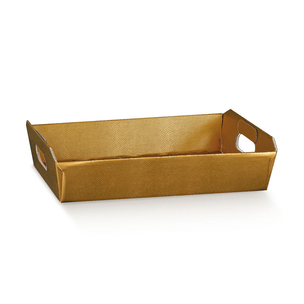 Scatola cesto automontante in cartone oro, 26x35 cm altezza 7 cm, cartone da 30 pezzi