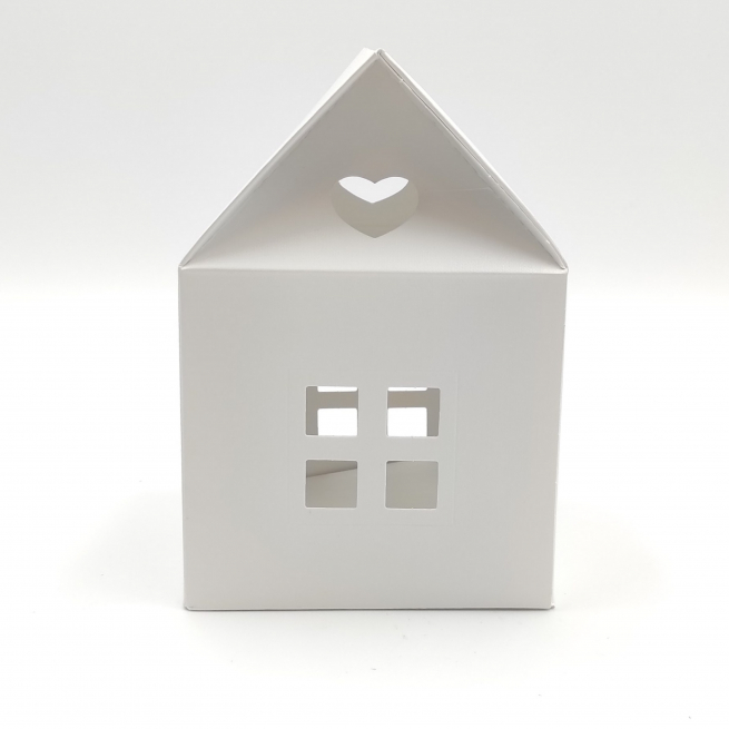 Scatola sagomata "Casetta" in cartoncino bianco con cordino, 12x12x11 cm, confezione da 10 pezzi