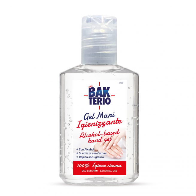 Gel mani igienizzante "Bakterio" con base alcoolica 77%, flacone da 60ml