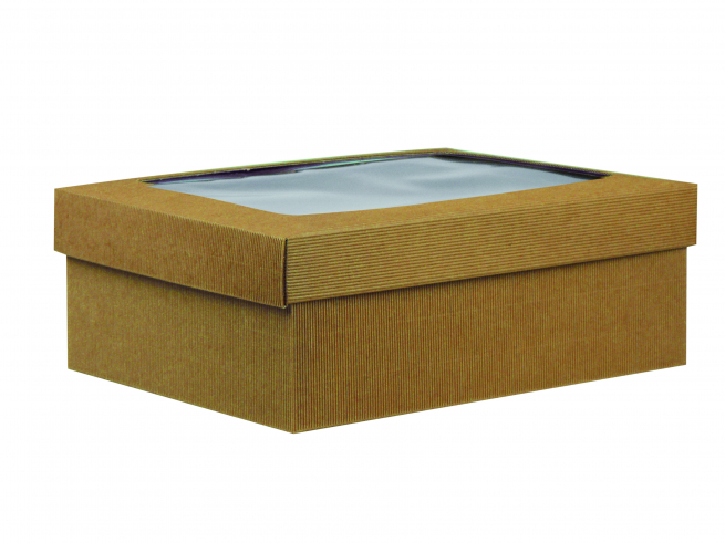 Scatola base rettangolare in cartone onda avana, coperchio con finestra, 30x38.5x14 cm, cartone da 10 pezzi