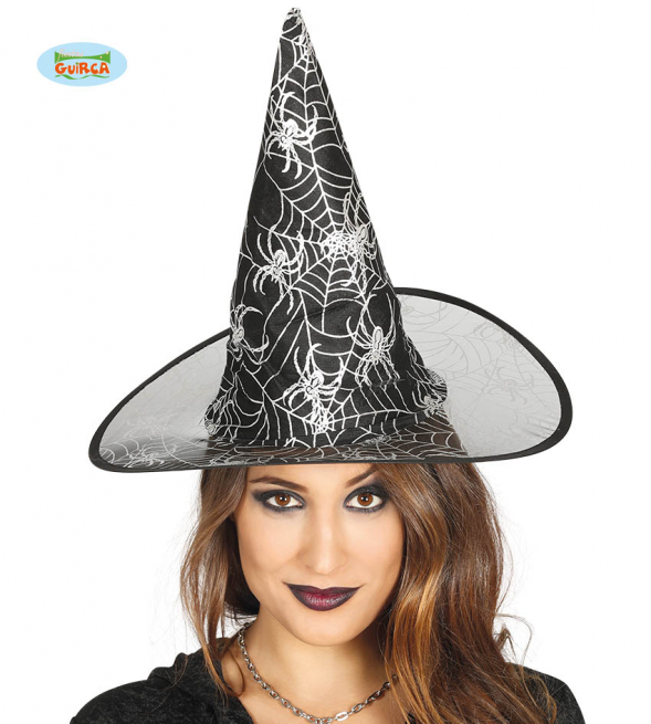 Cappello da strega nero con stampa ragnatele