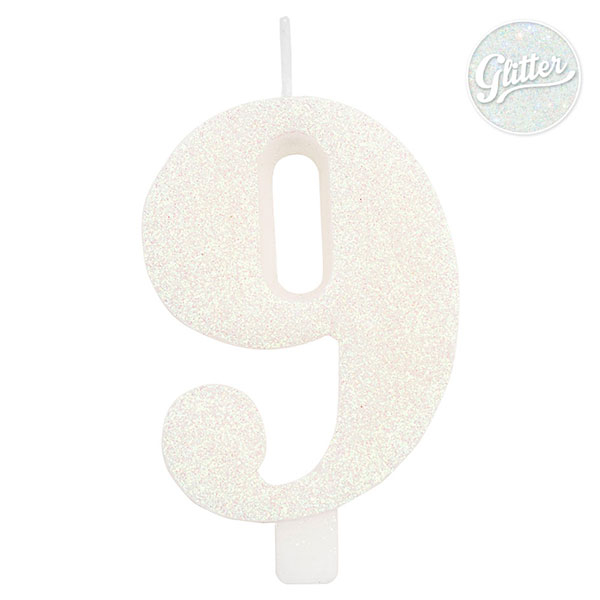 Candela bio numero bianco glitter con supporto, altezza 9.5cm