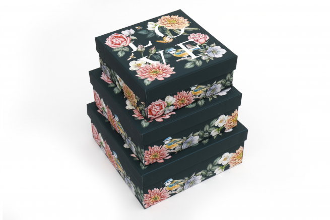 Scatola quadrata "Love" con fiori, 20x20 cm, altezza 8 cm, set da 3 pezzi