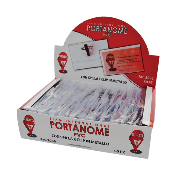 Portanome in PVC con clip e spilla, formato 6x9 cm