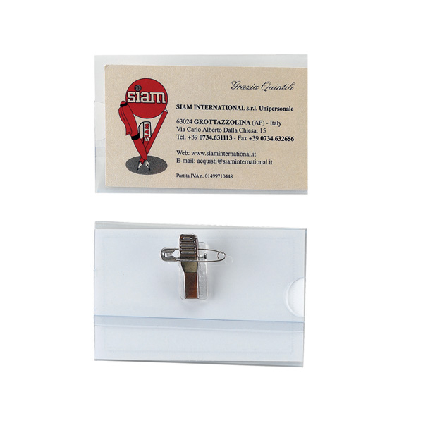 Portanome in PVC con clip e spilla, formato 6x9 cm