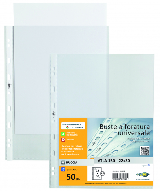 Busta Atla 150 con perforazione universale, formato A4 22x30, goffrata alto spessore, confezione da 50 pezzi