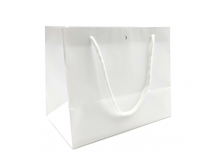 Shopper bianco plastificato opaco con foro e tag, maniglia in cordone cotone