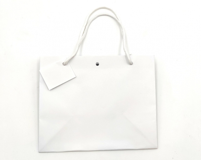 Shopper bianco plastificato opaco con foro e tag, maniglia in cordone cotone