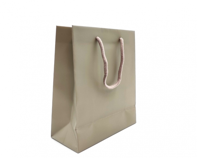 Shopper tortora in carta plastificata opaca, maniglia in cotone