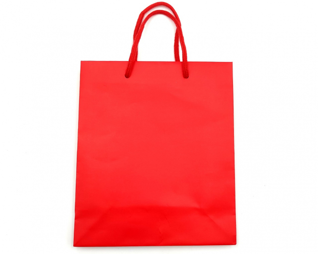 Shopper rosso in carta plastificata opaca, maniglia in cotone