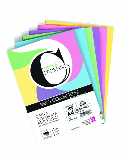 Foglio cartoncino colori assortiti tenui, formato A4 200 gr, confezione da 100 fogli