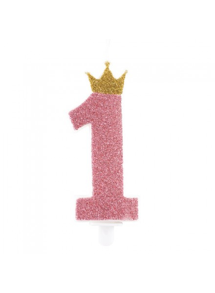 Candelina numero "1" rosa glitter con corona oro, altezza 9.5cm