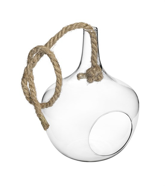 Vaso in vetro sospeso con corda, diametro 16cm, altezza 22 cm