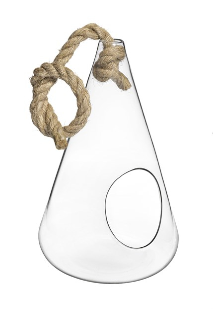 Vaso in vetro sospeso con corda, diametro 12 cm, altezza 16 cm