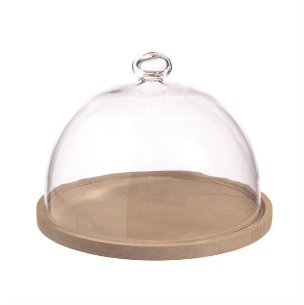 Campana in vetro con base in legno, diametro 28 cm e altezza 20.5 cm
